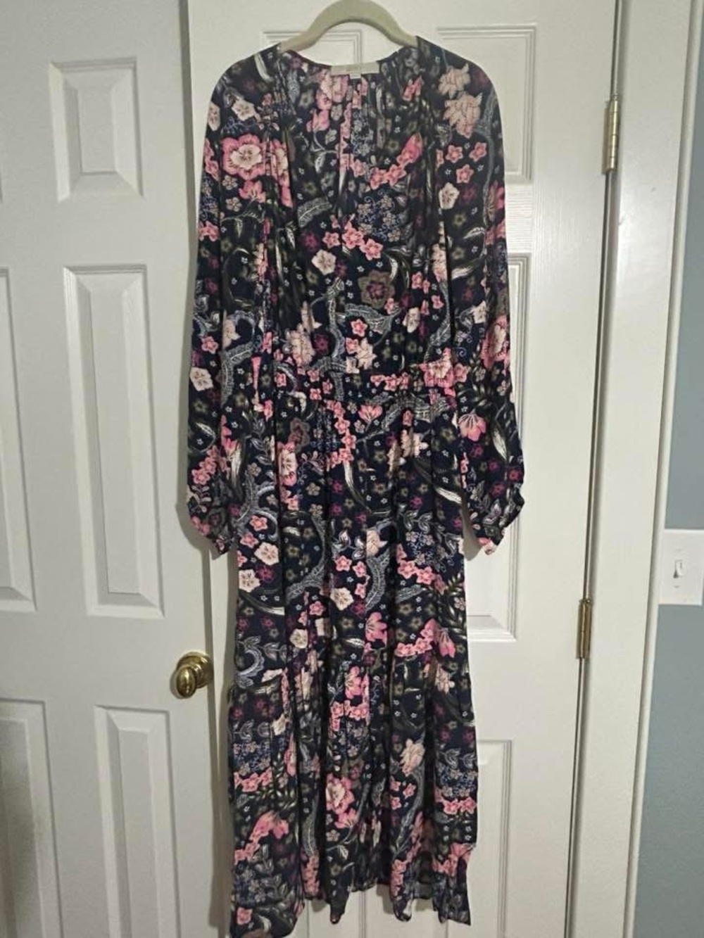 LOFT Navy Maxi Dress with Pink Floral Print